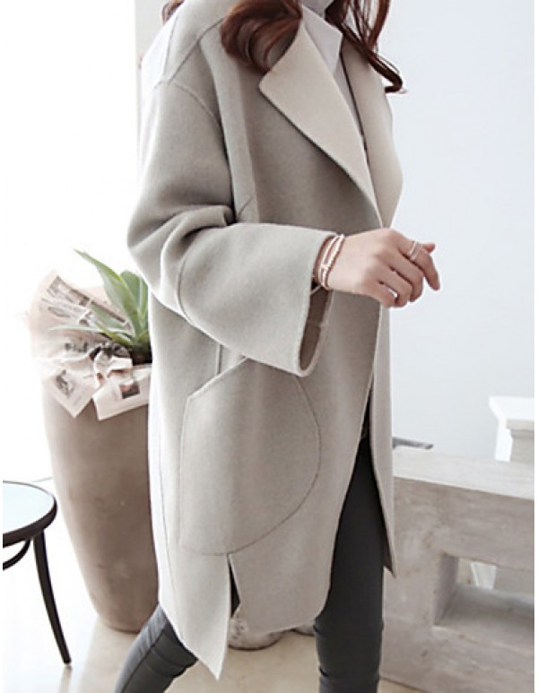 Women's Casual/Daily Simple CoatSolid Round Neck Long Sleeve Winter Gray Wool Thick