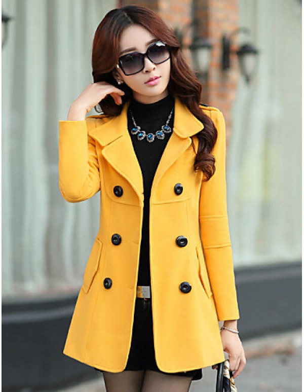 Women's Vintage Coat,Solid Shirt Collar Long Sleeve Winter Blue / Red / Yellow Wool / Cotton / Others Thick