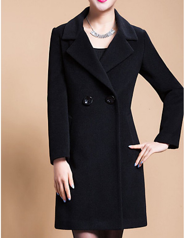 Women's Plus Size Coat,Solid Shirt Collar Long Sleeve Winter Blue / Black / Yellow Wool / Others Thick
